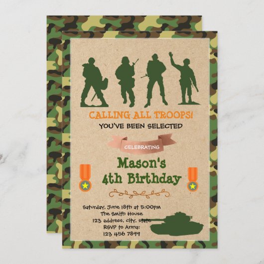 可愛い軍隊の軍隊誕生日の招待 招待状 (正面/裏面)