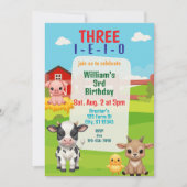 可愛い農場の動物たちの3歳の誕生日をお祝いしよう Three I-E-I-O 招待状 (正面)