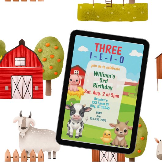 可愛い農場の動物たちの3歳の誕生日をお祝いしよう Three I-E-I-O 招待状