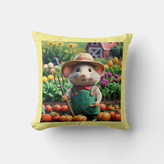 可愛い農家マウスin彼の庭装飾用クッション クッション (正面)