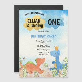 可愛い遊恐竜の少年1歳の誕生日 マグネット招待状