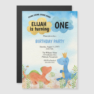 可愛い遊恐竜の少年1歳の誕生日 マグネット招待状