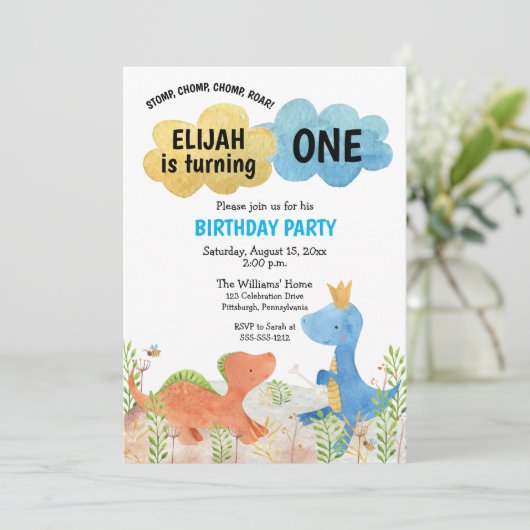 可愛い遊恐竜の少年1歳の誕生日 招待状 (スタンド正面)