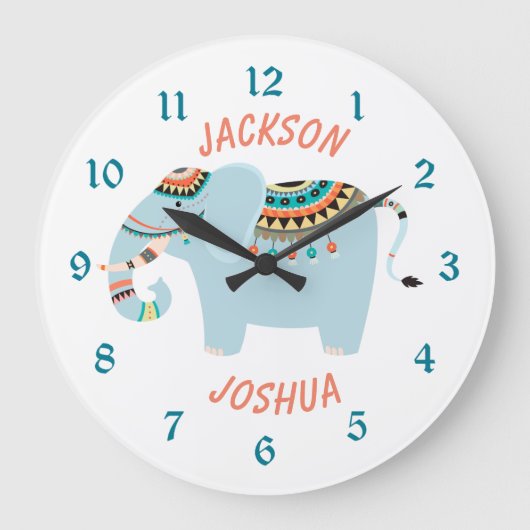 可愛い部族パーソナライズされた象 ラージ壁時計 (正面)