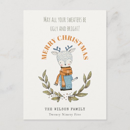 可愛い醜おもしろいいセーターの葉のトナカイのクリスマス シーズンポストカード (正面)