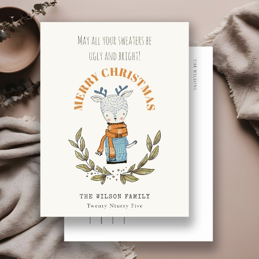 可愛い醜おもしろいいセーターの葉のトナカイのクリスマス シーズンポストカード