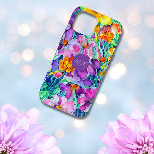 可愛い野カラフル花フローラモノグラムの iPhone 15ケース