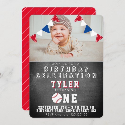 可愛い野球の黒板キッズ写真1歳の誕生日 招待状 (正面/裏面)