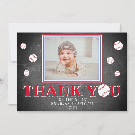 可愛い野球の黒板誕生日写真 サンキューカード (正面)