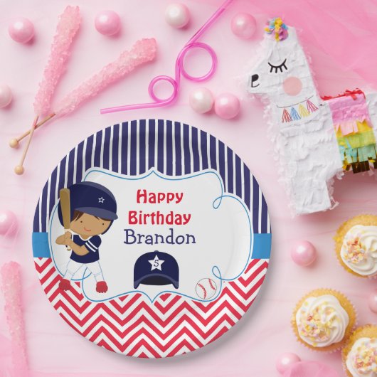 可愛い野球アフリカ系アメリカ人男の子の誕生日パーティー ペーパープレート (パーティー)
