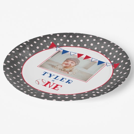 可愛い野球チョークボード1st誕生日パーティー写真 ペーパープレート (アングル)