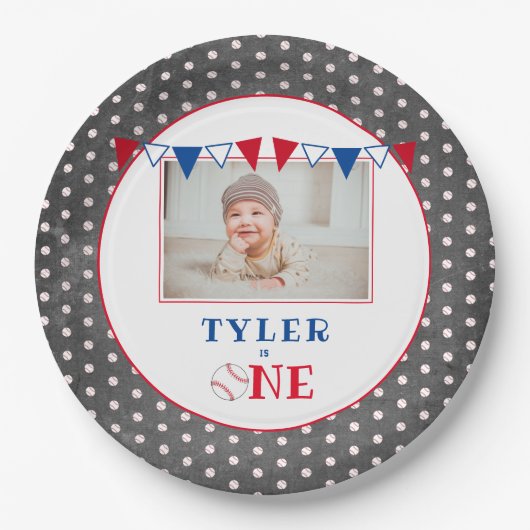 可愛い野球チョークボード1st誕生日パーティー写真 ペーパープレート (正面)