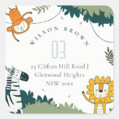 可愛い野生のジャングル動物ライオン猿のキッズアドレス スクエアシール (正面)