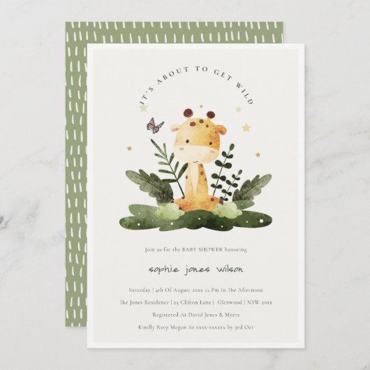 可愛い野生の熱帯性ジャングル動物の子供の赤ちゃんシャワー 招待状 (正面/裏面)