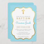 可愛い金ゴールドかわいらしクロスバプテファンシース水玉模様ブルー 招待状 (正面/裏面)