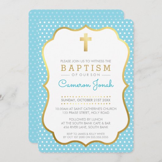 可愛い金ゴールドかわいらしクロスバプテファンシース水玉模様ブルー 招待状 (正面/裏面)