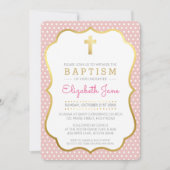 可愛い金ゴールドクロスかわいらしバプテスマファンシー水玉模様ピンク 招待状 (正面)