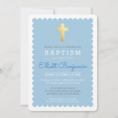 可愛い金ゴールドクロスモダンバプテススカロップエッジブルー 招待状 (正面)