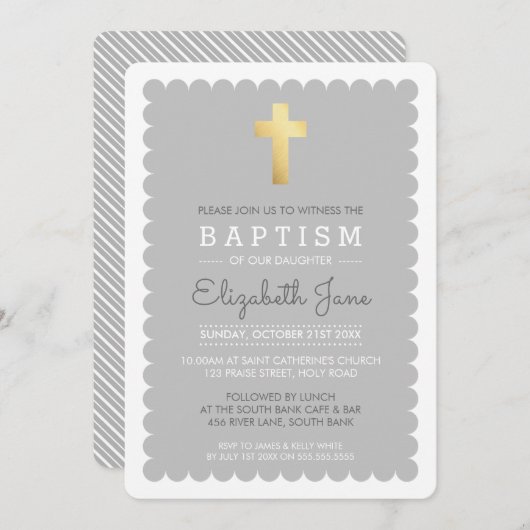 可愛い金ゴールドクロスモダンバプテスマの斜面灰色 招待状 (正面/裏面)