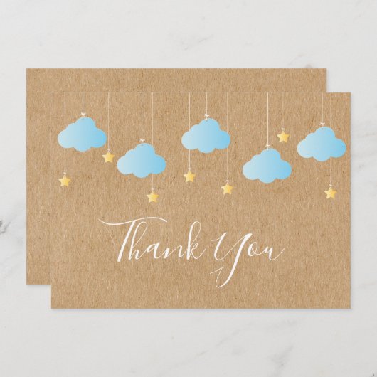 可愛い金ゴールドスターズ青い雲Kraft 素朴ありがとう サンキューカード (正面/裏面)