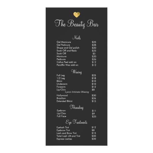 可愛い金ゴールドハート美しいサロン価格表メニュー2 ラックカード (正面)