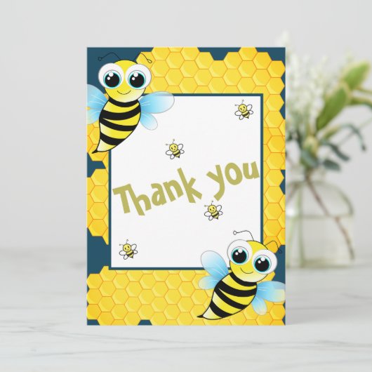 可愛い金ゴールドブルーイエロービーベビーシャワー サンキューカード (スタンド正面)