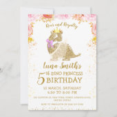 可愛い金ゴールドプリンセスリトル恐竜ガール誕生日 招待状 (正面)