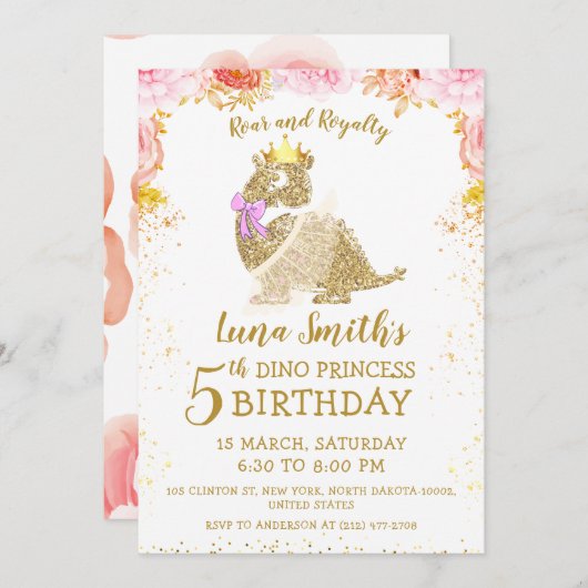 可愛い金ゴールドプリンセスリトル恐竜ガール誕生日 招待状 (正面/裏面)
