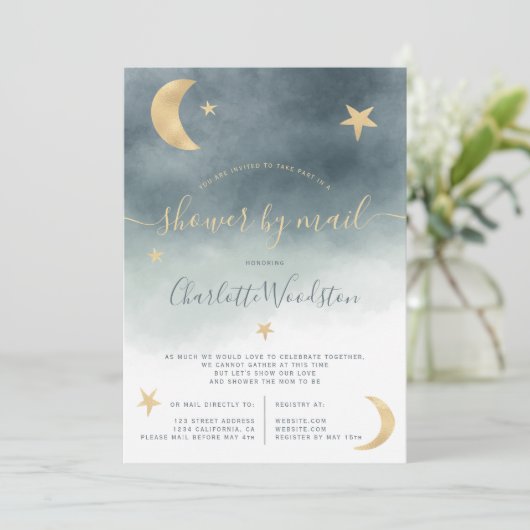 可愛い金ゴールドムーンは青い赤ちゃんシャワーをメールで星にする 招待状 (スタンド正面)