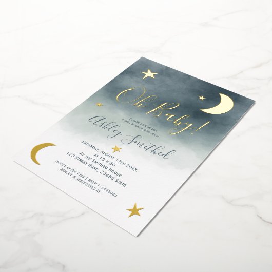 可愛い金ゴールドムーンスター青い水色のベビーシャワー 箔招待状 (回転した状態)