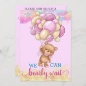 可愛い金ゴールドレインボーテディベアーバルーン赤ちゃんシャワー 招待状 (正面/裏面)