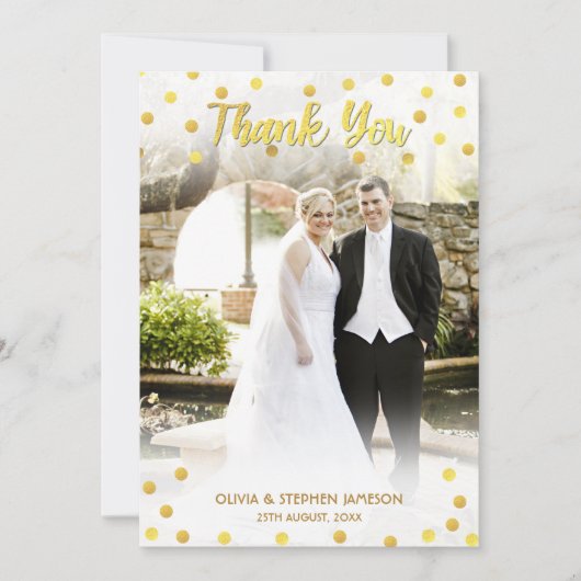 可愛い金ゴールド紙吹雪ありがとう結婚の写真 サンキューカード (正面)