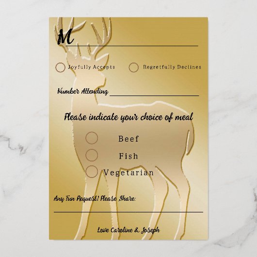 可愛い金ゴールド鹿と金ゴールド紙吹雪RSVPフォイル実在ー 箔招待状 (裏面)
