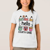可愛い鉛筆を持つ4年生の先生 トライブレンドＴシャツ (正面)