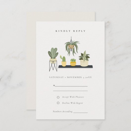 可愛い鉢付き葉多肉植物ウェディングRSVP エンクロージャーカード (正面/裏面)