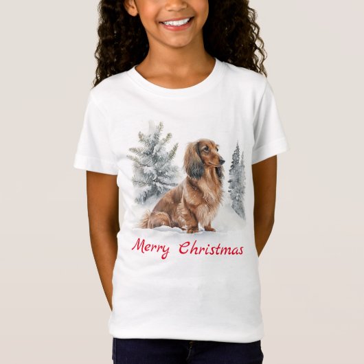 可愛い長髪のダッシュントのソーセージ犬のクリスマス Tシャツ (正面)