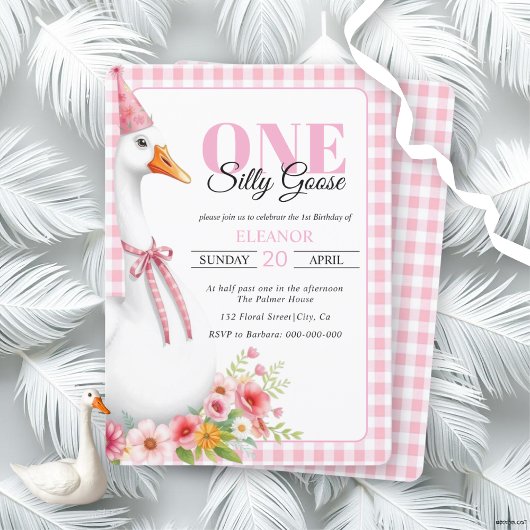 可愛い間抜けワンガチョウ、ギンガムガールの最初の誕生日 招待状