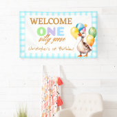 可愛い間抜けワンガースブルーボーイ1歳の誕生日へようこそ 横断幕 (インサイチュ)