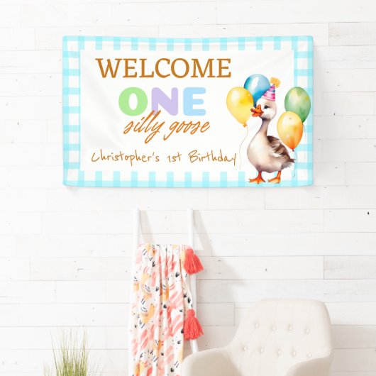 可愛い間抜けワンガースブルーボーイ1歳の誕生日へようこそ 横断幕 (インサイチュ)