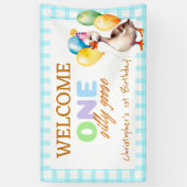 可愛い間抜けワンガースブルーボーイ1歳の誕生日へようこそ 横断幕 (縦)