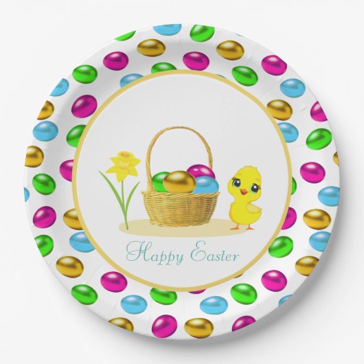 可愛い雛数々の色の復活卵 ペーパープレート (正面)