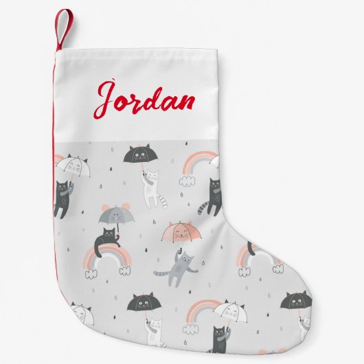可愛い雨猫パターン スモールクリスマスストッキング (正面)