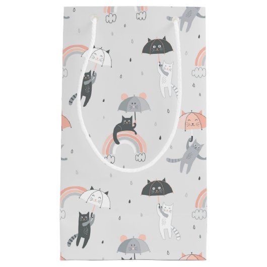 可愛い雨猫パターン スモールペーパーバッグ (正面)