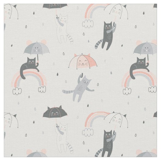 可愛い雨猫パターン ファブリック (クローズアップ)