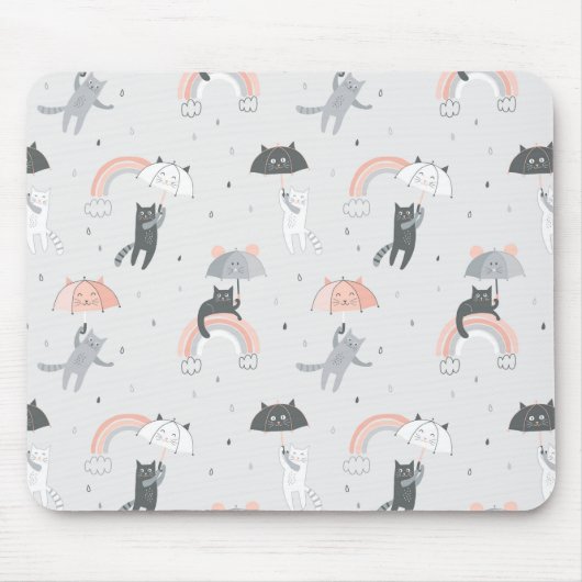 可愛い雨猫パターン マウスパッド (正面)