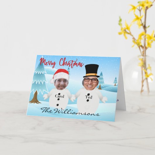 可愛い雪だるまおもしろいクリスマス カード (黄色い花)