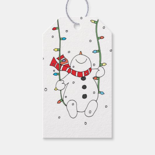 可愛い雪だるまがクリスマスライトに揺れる ギフトタグ (正面)