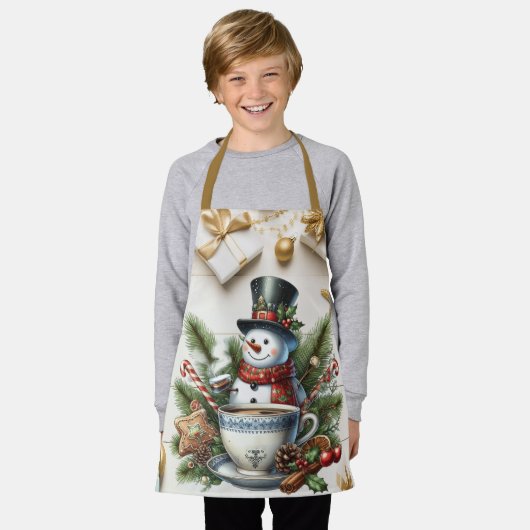 可愛い雪だるまが松の枝ホットチョコレートに絡み合う エプロン (着用した状態)