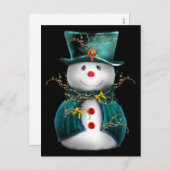 可愛い雪だるまで青と緑のベルベットのクリスマス シーズンポストカード (正面/裏面)
