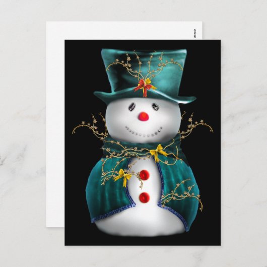 可愛い雪だるまで青と緑のベルベットのクリスマス シーズンポストカード (正面/裏面)